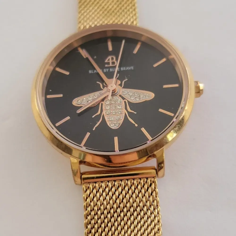 BLACK BY BLUE BRAVE Womens Watch Black Dial Gold Case Mesh Band Quartz